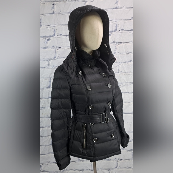 Burberry Women's Puffer Winter Jacket Grey Goose Down Fill Black Hooded Small - Picture 9 of 16